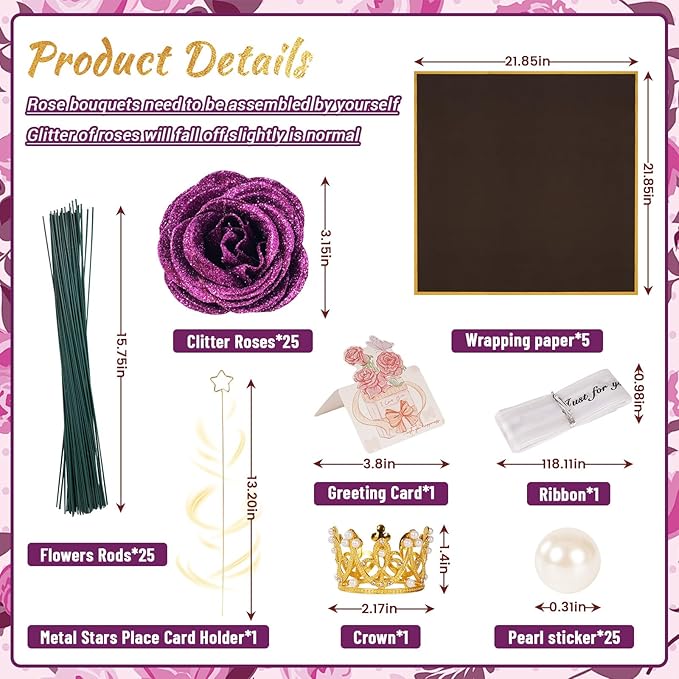 DIY Glitter Roses Bouquet, Valentine's Day Everlasting Shiny Artificial Bouquet, Purple Faux Flowers with Stem Pearl Crown for Graduation Gifts Wedding Anniversary Engagement Day Birthday,25 Pcs