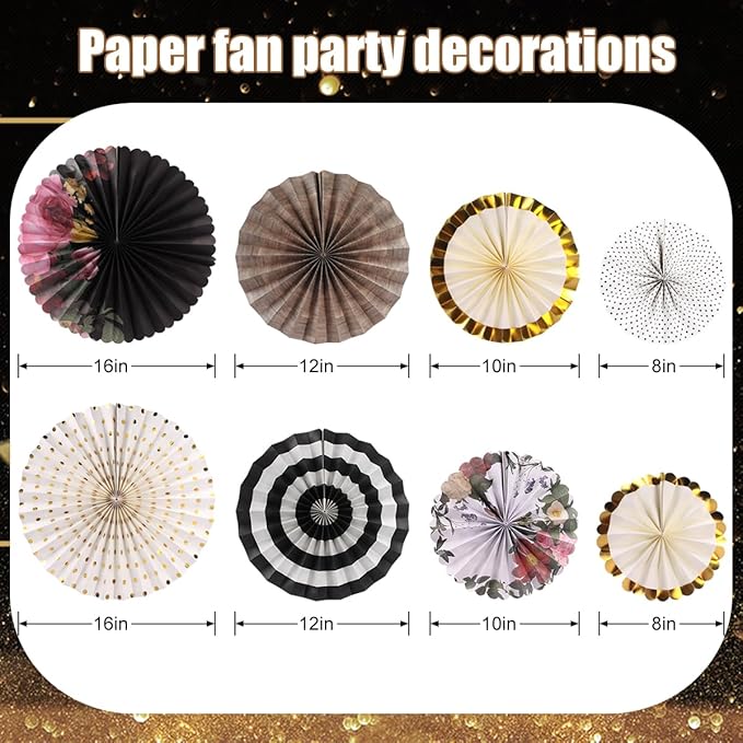 zilue Paper Fans Party Decorations Paper Flowers Decorations for Wall Classroom Floral Backdrop Baby Shower Birthday Party Flower Wall Decor Pack of 8 Vintage Black Ivory