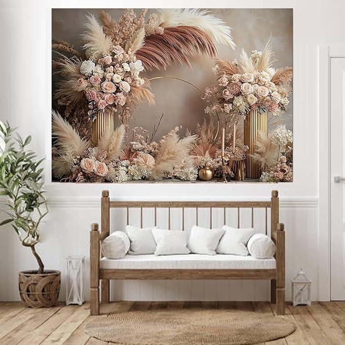 Boho Floral Wedding Backdrop Pampas Grass Flower Curtain Background Wedding Bridal Shower Anniversary Party Decoration Backdrop Newborn Baby Shower Pregnancy Photos Backdrop (8x6feet)