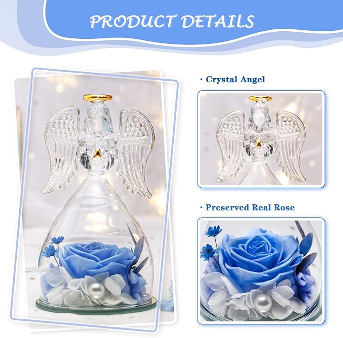Gifts for Women Birthday Christmas Preserved Rose Forever Flowers in Glass Angel Figurines Fresh Flowers for Delivery for Mom Real Roses for Grandma Wife Her from Daughter (Light Blue Rose+necklace)