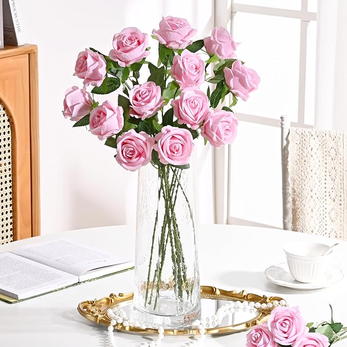 Waipfaru Pink Roses Artificial Flowers Bulk, Real Touch Velvet Roses with Wrapping Paper, 50 Pcs Fake Flowers for Wedding Centerpieces Bridal Bouquet Valentines Mothers Day Decor