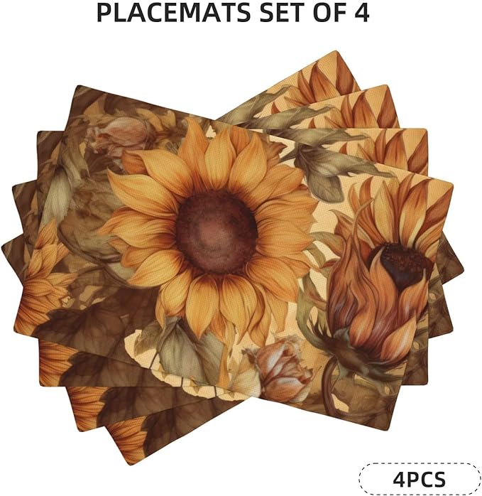 Placemats 4 pcs Sunflower Double-Layer Imitation Linen Place Mats Non-Slip Heat-Resistant Tablemats for Home Restaurant Hotel 18×12 Inch
