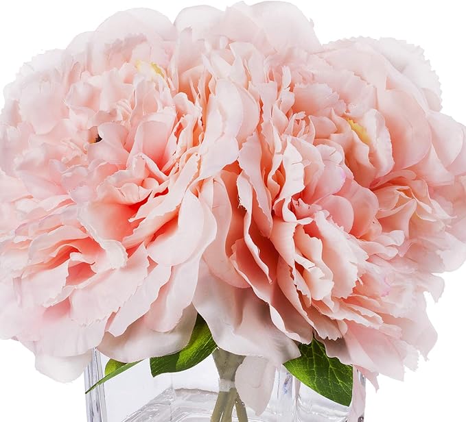Enova Home Artificial Peony Flowers Arrangements in Cube Glass Vase with Faux Water for Home Table Wedding Centerpiece Decor (Pink)
