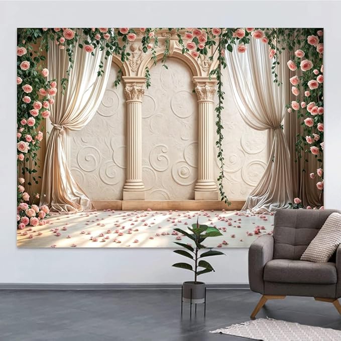 Wedding Party Backdrop, Floral Grass Wall White Sheer Curtain Flower Arch Photography Background, Greek Rose Wall Arch Lover Marriage Proposal Bridal Reception Photo Booth Props Banner 12x10ft