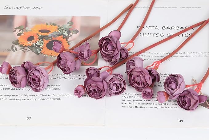 IPOPU Ranunculus Artificial Flowers 2Bouquets Silk Flowers with Stems 12PCS Mini Fake Flowers for DIY Wedding Bouquet Bridal Shower Decorations Floral Filler Flowers Centerpieces (Purple)