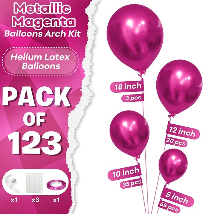 Togvu Chrome Hot Pink Balloons Different Sizes, 123 Packs Metallic Fuschia Pink Balloons, Pack of 18 12 10 5 Inch Shiny Fuchsia Balloon Garland Arch Kit for Girls Women Birthday Wedding Decoration