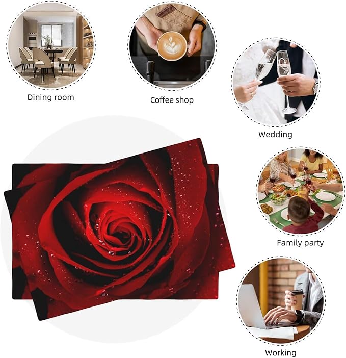 Red Rose Linen Table Placemats Set of 6 Romantic Floral Art Placemat Indoor Outdoor Party Home Desktop Kitchen Dining Room Decoration 12x18 Inch