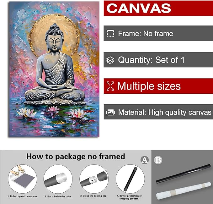 Lotus and golden Buddha meditation tranquil zen wall art mindfulness wall art for spiritual harmony and tranquility decor 16x24in Frameless