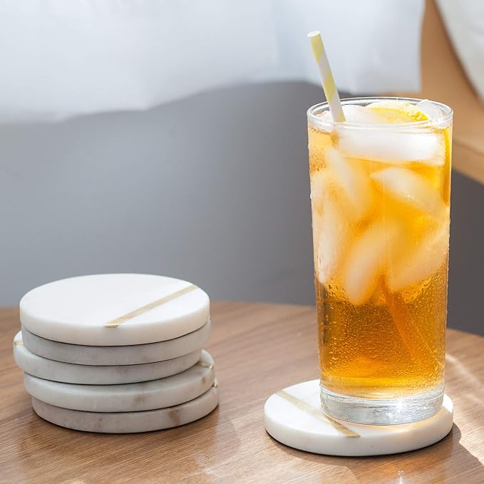 Cork & Mill Marble Coasters Set of 6 - Luxury Aesthetic Modern Decor for Coffee Table- White Marble with Gold Brass Inlay - Real Natural Semi Absorbent Stone Coasters