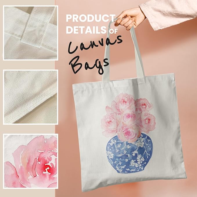 Blue and White Chinoiserie Prints Canvas Tote Bag for Women, Reusable Folding Shopping Bags with Handles