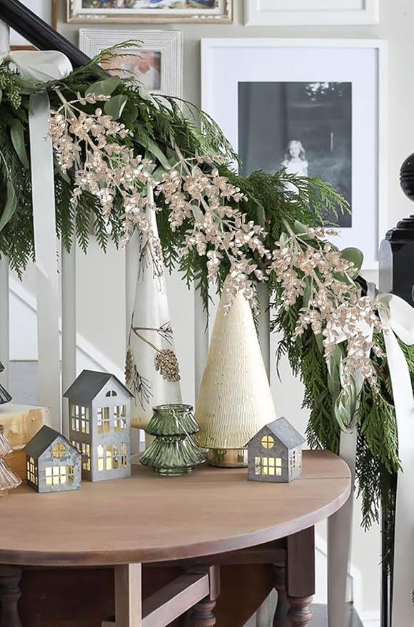 Hollyone 26.3” Christmas Tree Picks and Sprays 3Pcs Champagne Artificial Eucalyptus Stems Eucalyptus Leaves Branches Fake Leaf Floral for Vase DIY Xmas Tree Garland Wreath Centerpieces Wedding Decor