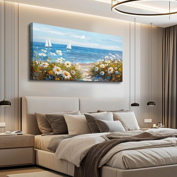 PHAOHUAXM Wall Art For Dining Room Kitchen Blue Ocean Landscape Painting Art Pictures Living Room Decor Vintage Landscape Canvas Print Suitable For Bedroom Office Farmhouse Wall Decoration 24x48 In