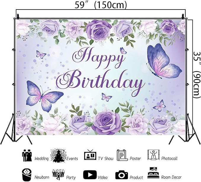 Purple Butterfly Birthday Banner Backdrop for Women Girl (59x36 inch) Purple Happy Birthday Decorations Banner for Women Rose Flowers Butterfly Backdrop Decortions for Girl
