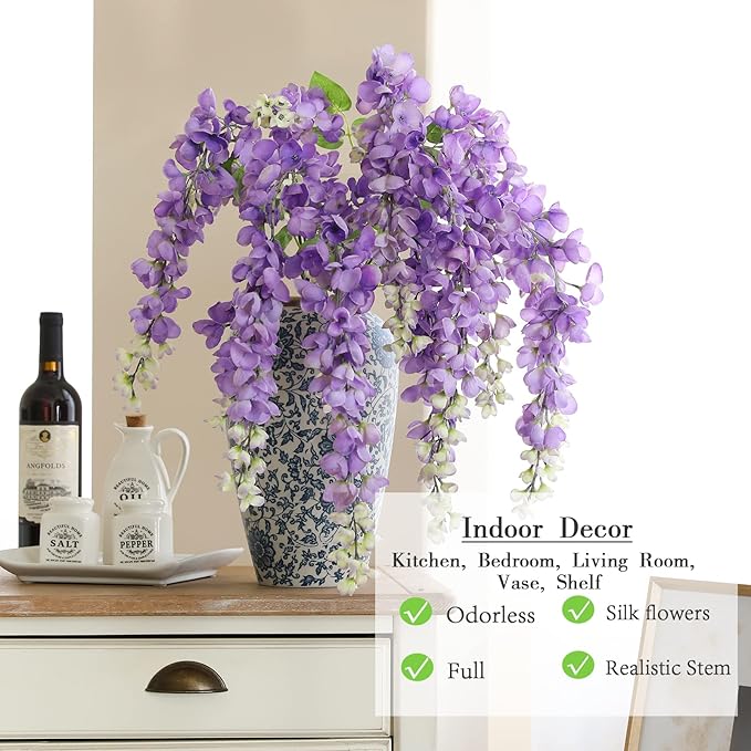 Dailisen 3 Strands 40'' Silk Purple Wisteria Artificial Flowers, Fake Wisteria Floral Hanging Plant Garland, for Home Decor, Party, Floor Vase, Balcony, Wedding Arrangement Decoration (Purple)