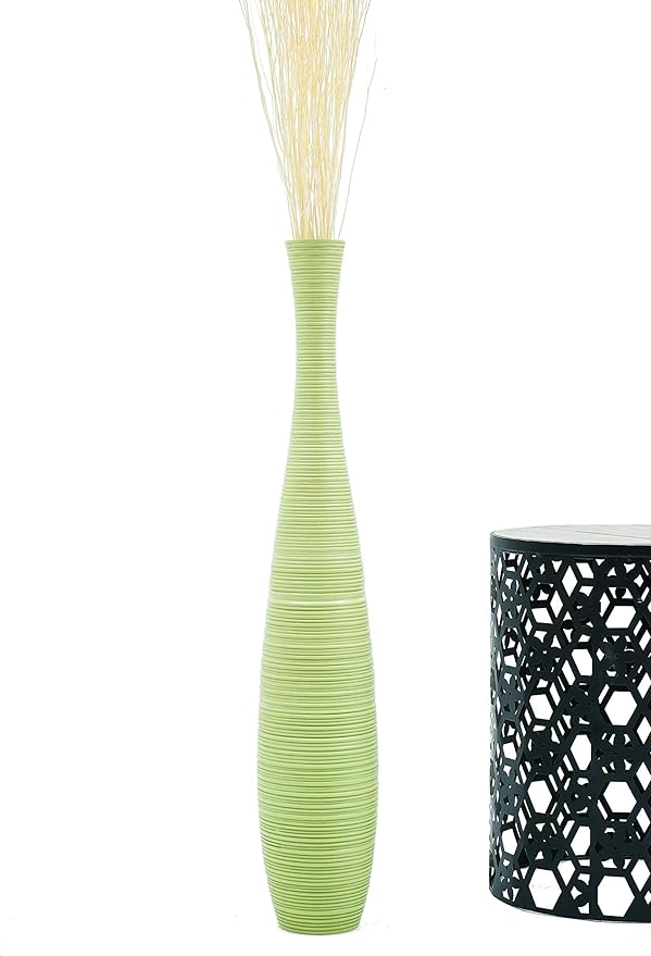Leewadee Large Floor Vase – Handmade Flower Holder Made of Wood, Sophisticated Tall Vase for Decorative Branches, Pampas Grass and Dried Flowers, 36 inches, Green