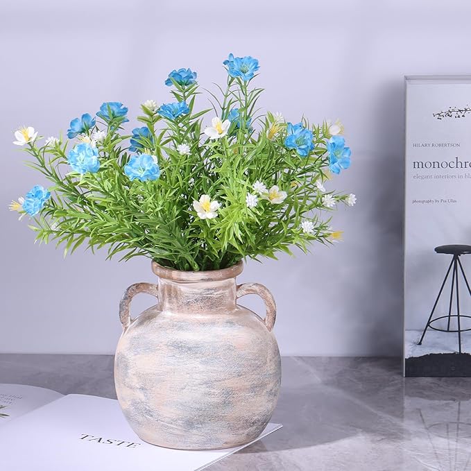 5.9in Rustic Ceramic Farmhouse Flower Small Vase, Beige Terracotta Pottery Decorative Vases Distressed, Round Vases with Handles for Home Wabi Sabi Coffee Table Entryway Decor or Kitchen Utensils