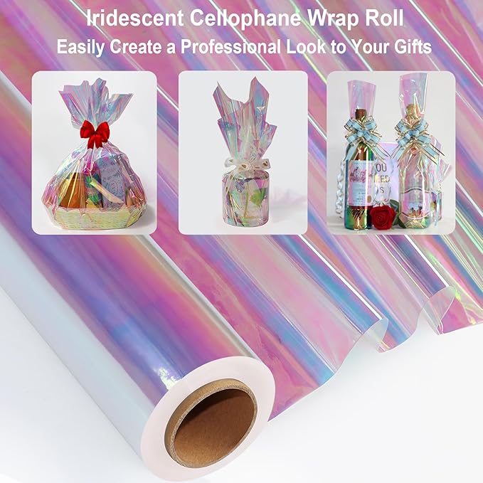 34 in x 66 Ft Iridescent Cellophane Wrap Roll - Extra Wide Cellophane Paper - Iridescent Transparent Cellophane Roll Plastic Wrap for Gift Baskets, Treats, Crafts, Party & Christmas Gift Wrapping
