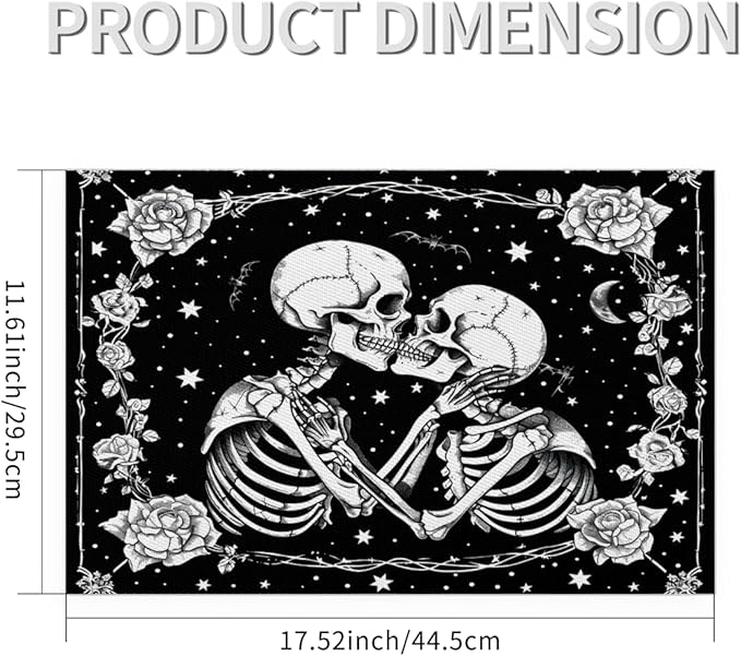 Halloween Skull Goth Flower Placemats Set of 1 PVC Vinyl Non Slip Table Mats Heat Resistant Place Mats Washable Wipeable Dining Table Mat for Kitchen Decor Party Indoor Outdoor Decorative Gift