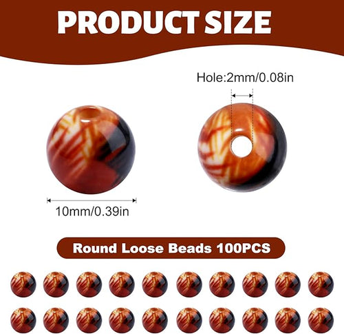 100 PCS 10mm Resin Beads Bulk for Bracelet Making Kit, Brown Coffee Color Round Loose Beads for Jewelry Earring Necklace Rings Art Craft DIY Projects