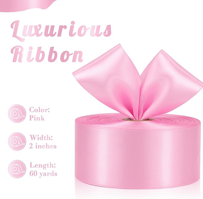 Pink Satin Ribbon 2 Inch 60 Yards, Pink Fabric Ribbons for Flower Bouquet, Wedding, Crafts, Gift Wrapping, Baby Shower, Hair and Outdoor Decor