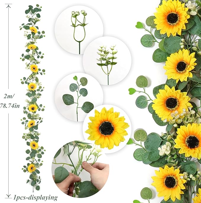 SOMYTING Artificial Sunflower Garland, 2 Packs 6ft Silk Sunflowers Vines Hanging Flowers Garland with Green Leaves for Party Baby Shower Birthday Wedding Room Decor