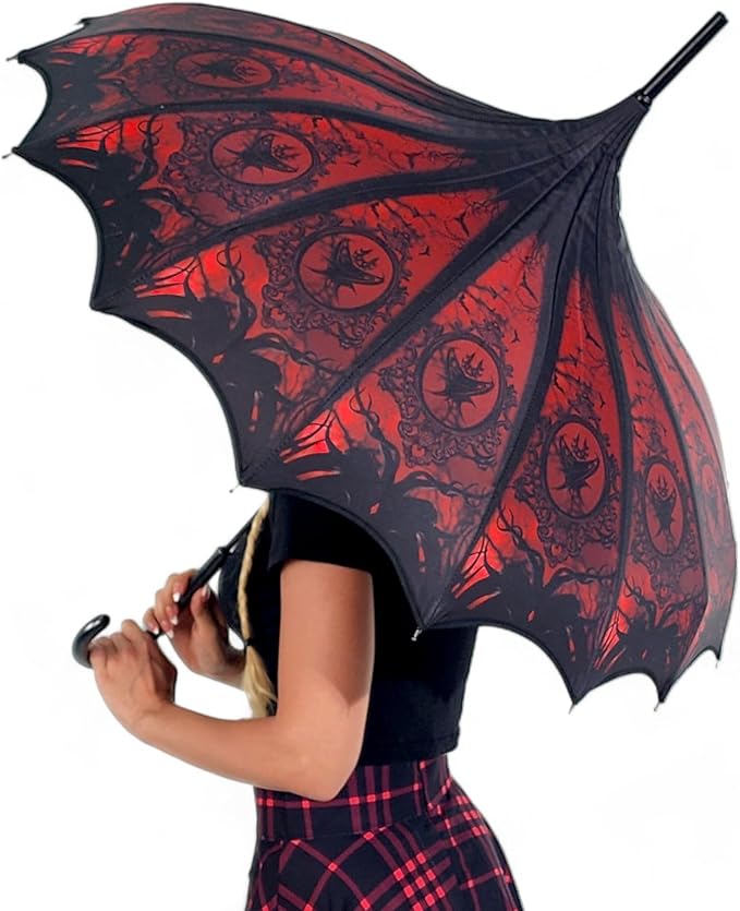 Pagoda Umbrella - Artisan Design with Bat Wing Scalloped Edges, Full Size Waterproof Windproof UV Protection Gothic Parasol with Carry Case