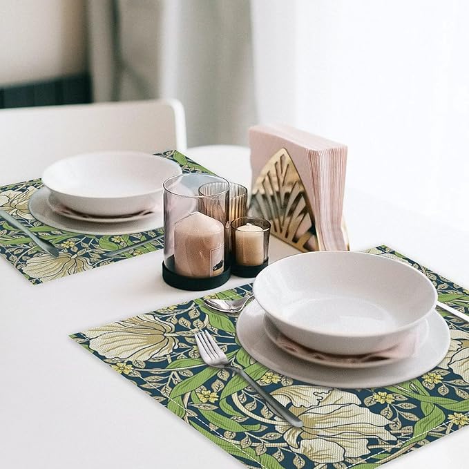 William Morris Flower Placemats Set of 6, Retro Boho Botanical Plant Place Mats, Heat Resistant Non Slip Cotton Linen Dining Table Mats for Home Kitchen Party 18x12 Inch