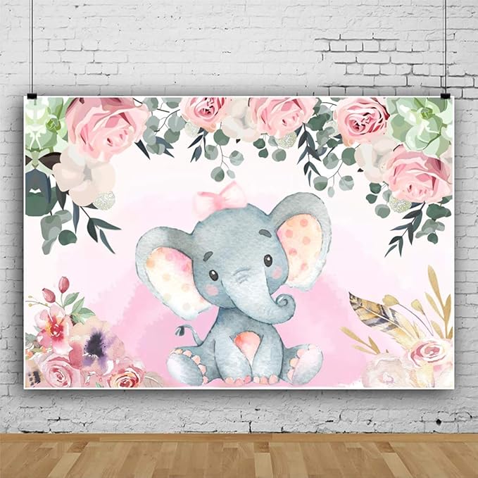AOFOTO 12x8ft Pink Flowers Elephant Baby Shower Backdrop for Girl Sweet Floral Gender Reveal Background for Photography Kids Infant Birthday Party Banner Cake Table Decoration Photo Studio Props Vinyl
