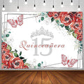 SENDY 8x6ft Quinceañera Backdrop Mis Quince 15 Anos Birthday Party Decoration Supplies for Girl Princess Red Floral Flower Butterfly Silver Crown Photography Background Banner Photo Booth Studio Props
