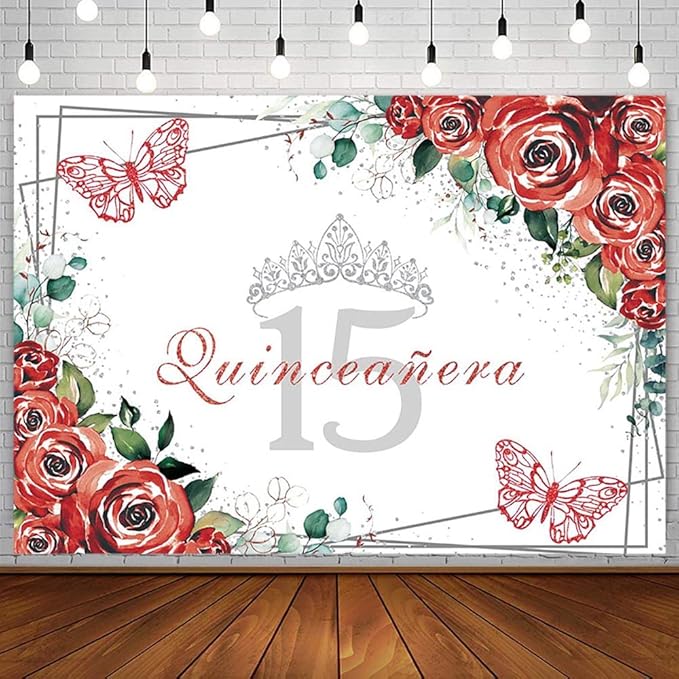 SENDY 10x7ft Quinceañera Backdrop Mis Quince 15 Anos Birthday Party Decoration Supplies for Girl Princess Red Floral Flower Butterfly Silver Crown Photography Background Banner Photo Booth Studio Prop