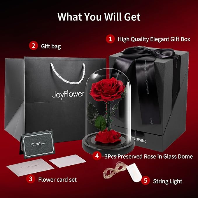JoyFlower Preserved Flowers Gift for Women, Handmade Eternal Rose in Glass Dome, Forever Real Rose Gifts for Wife Mom Girlfriend, Three Red Roses Gift for Anniversary Birthday Valentine's Mother's Day