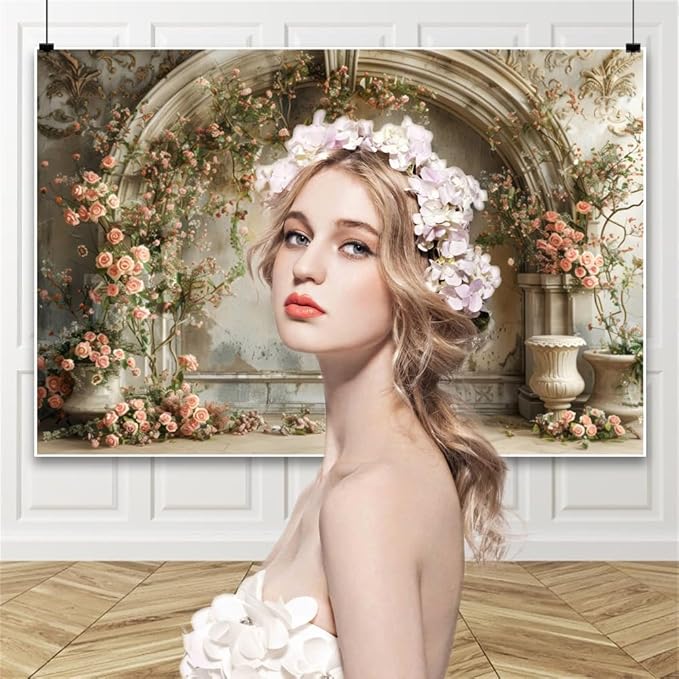 12x8ft Pink Flowers Backdrop Vintage Old Building Wall Spring Roses Floral Photography Bckground for Wedding Birthday Bridal Shower Mothers Day Womens Day Girls Women Mother-to-be Portrait