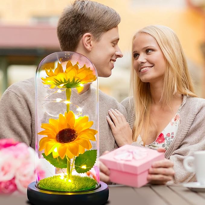 QUELIEN Sunflower Gift for Women,Sun Flowers Home Decor,Preserved Sunflower Bouquet in Glass Dome,Birthday Gifts for Her Mom