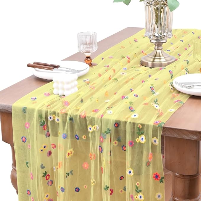 Joanlody Yellow Embroidery Daisy Christmas Table Runner Florals Seasonal Tulle Table Runner Holiday Kitchen Dining Table Decoration Wedding Party