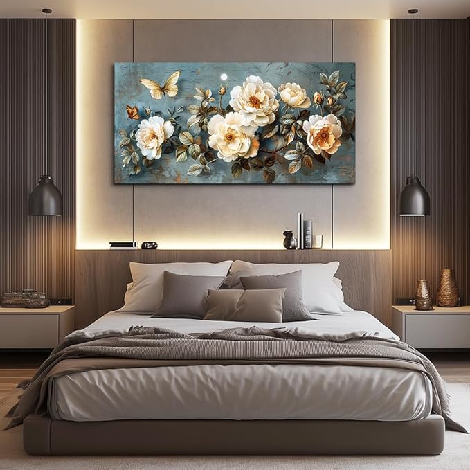 PHAOHUAXM Canvas Wall Decor For Bedroom Wall Art For Living Room Office Decor Abstract White Flower Wall Paintings Pictures Modern Artwork Posters Restaurant kitchen Home Decor Aesthetic 20"x40"