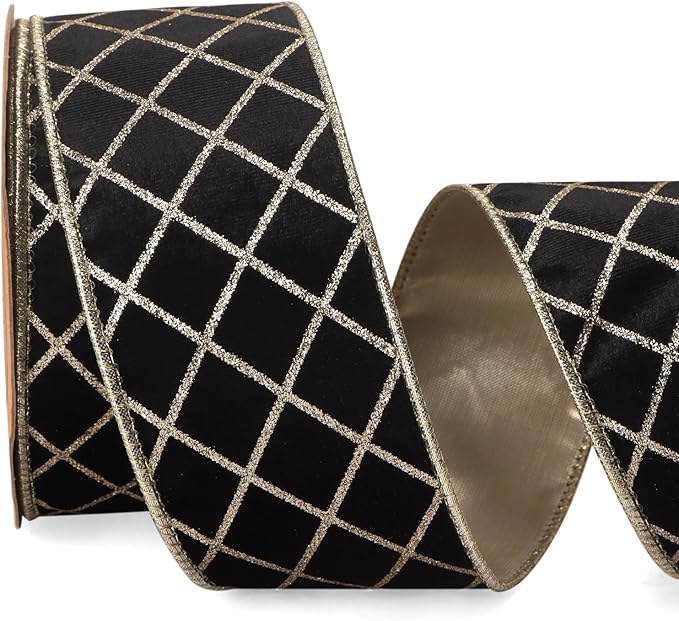 Ribbli Black Velvet Ribbon Wired with Glitter Diamond Grid 2-1/2 Inch Christmas Ribbon for Christmas Tree Decoration Big Bow Gift Wrapping Crafts Wreaths Garland Supplies - 10 Yards