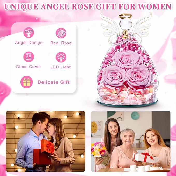 Beferr Christmas Birthday Gifts for Women, Mom Gifts for Christmas Fresh Flowers for Delivery Prime Forever Preserved Rose in Glass Angel Figurine Xmas Gifts for Grandma Wife Sister Her, Pink