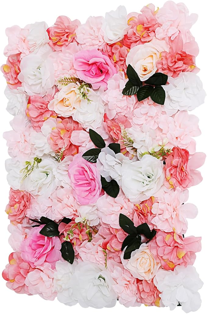 12 Pcs White Flower Wall Flowers Backdrop Artificial Flower for Backdrop Flowers Decoration 3D Floral Panels for Wall Decor Home Party Wedding Room Decoration (60x40cm/White+ Pink+Green)