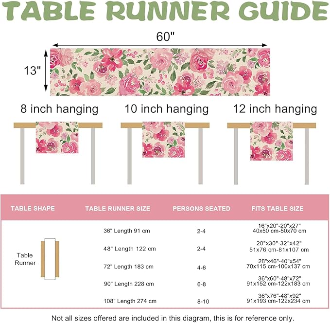Seliem Spring Summer Watercolor Flower Table Runner, Pink Peony Floral Kitchen Dining Table Decor, Seasonal Burlap Home Decoration Indoor Outdoor Party Supply 13 x 60 Inches