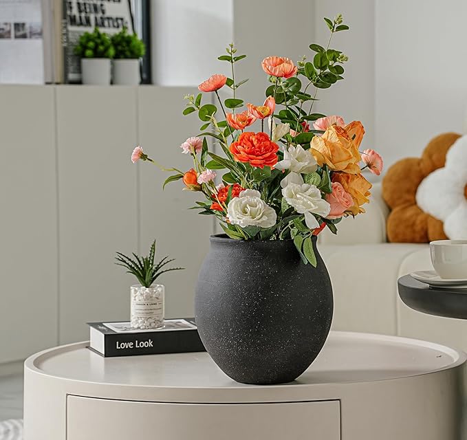 Large Black Ceramic Vase,Wide-mouthed Round Planter with Drainage Hole, 9.7 Inch Tall Minimalist Farmhouse Decor for Indoor Flowers, Plants, Table Centerpiece, Shelf, Floor,Living Room (Matte Black)
