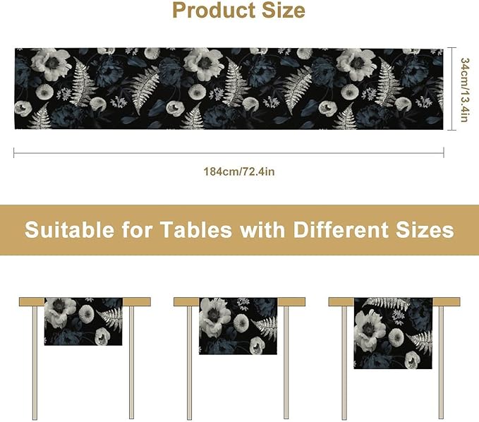 Vintage Floral Table Runner,Gothic Blue White Retro Floral Plant Print Table Runner for Home Kitchen Table Dining Indoor Outdoor Party Decor 13x36 Inch