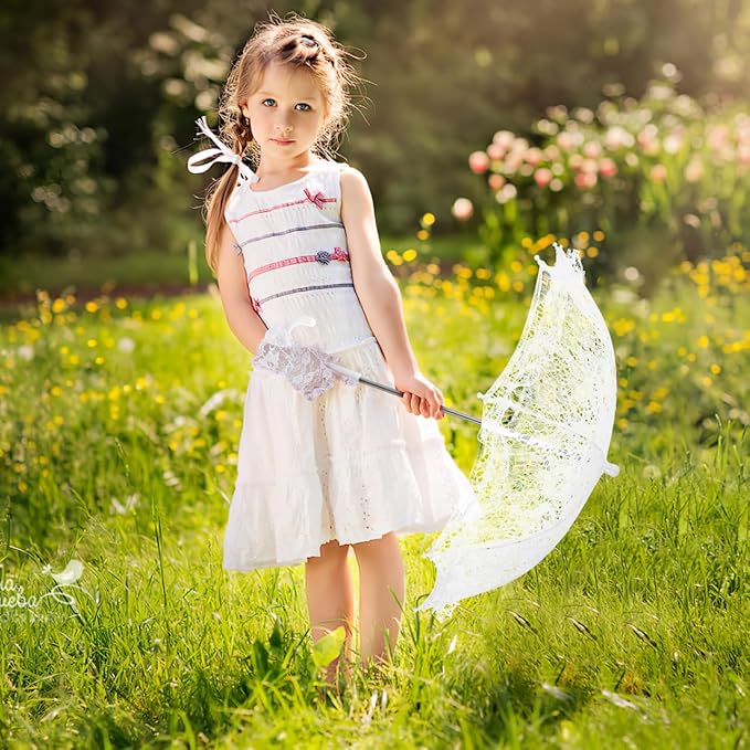 Mini Lace Umbrellas, White Embroidery Parasol Floral Lace Wrist Gloves for Women Vintage Bridal Umbrella Set for Wedding Tea Party Photography Props