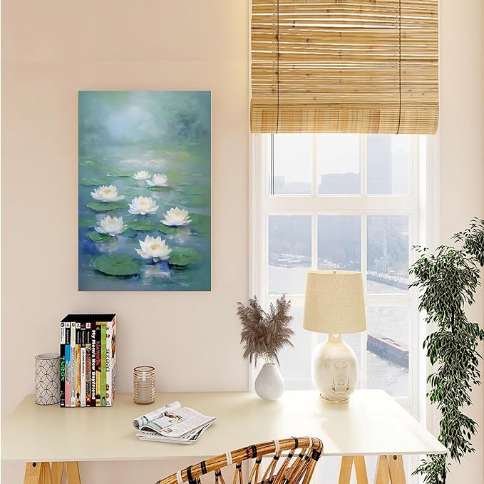 Zen wall art Delicate white lotus flower floating on calm water Vintage oil painting print Serene aquatic wall art creates a tranquil home decor 8x12in Frameless