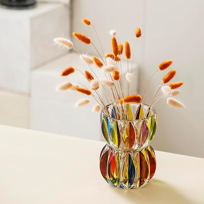Hand Painted Colorful Crystal Glass Vase 6.9 inch Tall.