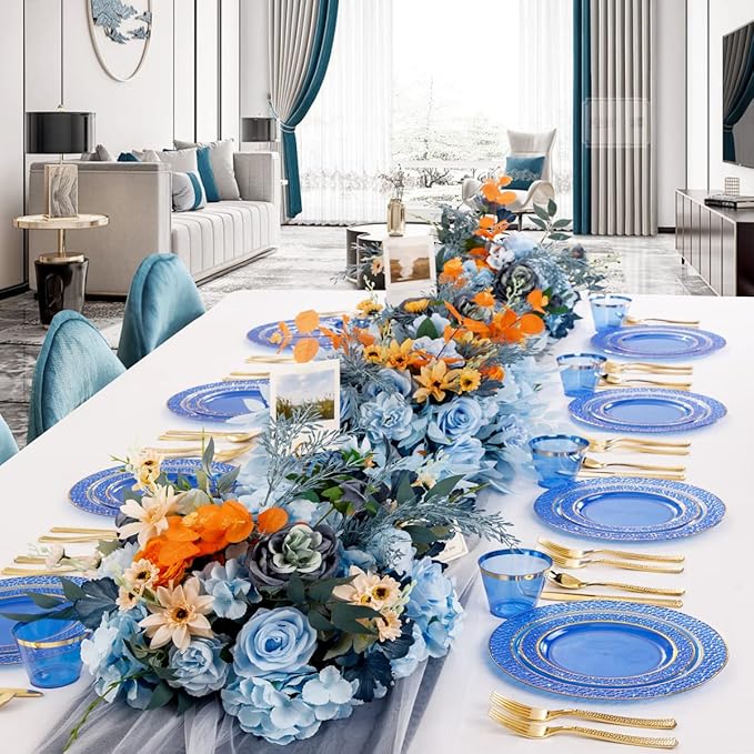 Nervure 150PCS Clear Blue Plastic Plates - Gold Party Plates - Blue and Gold Dinnerware Set Include: 50 Disposable Plate, 25Cups, 25Forks, 25Knives, 25Spoons for Wedding & Party & Father's Day