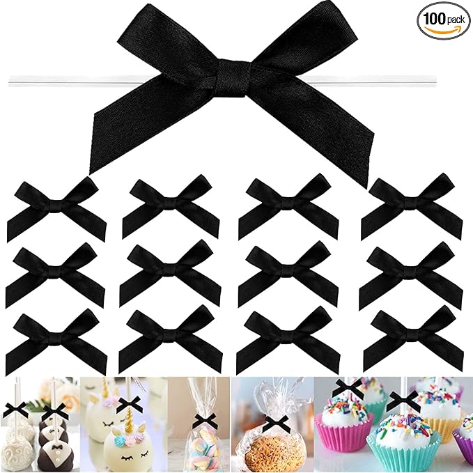 100 Pack 3" Black Satin Twist Tie Bows, Twist Bows for Treats, Ribbon Bows with Twist Ties Gift Wrap Bows, Pretied Bows Ties for Cake Pops, Baby Shower, Sweets Packaging, Party Favors Gifts