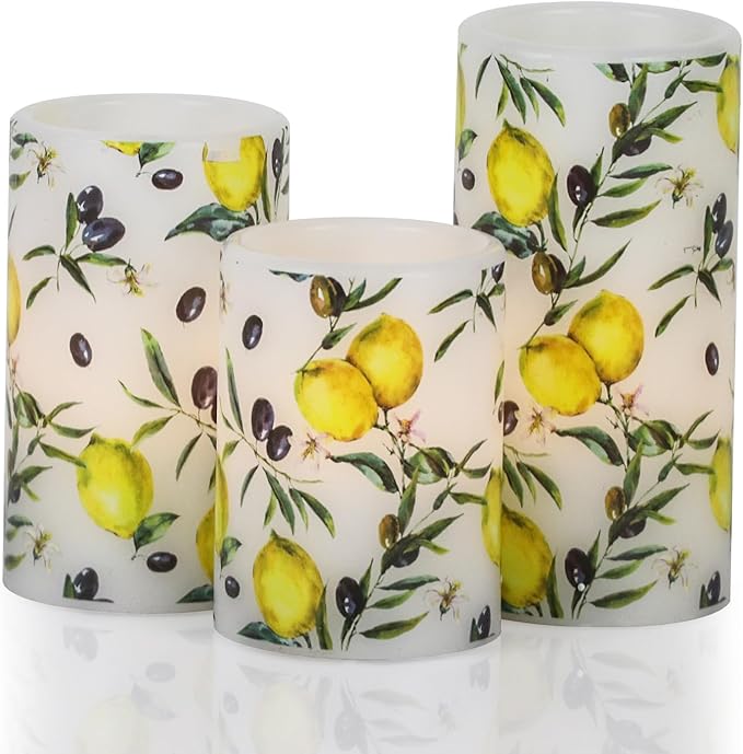 DRomance Flameless Pillar Wax Candles with 6 Hour Timer Battery Operated 3 Packs Lemon Decals LED Flickering Candles Yellow Light Holiday Wedding Spring Home Decoration Candle(3 x 4, 5, 6 Inches)