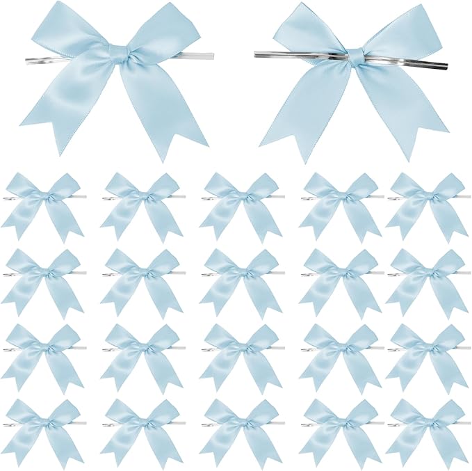 50 Counts Blue Twist Tie Bows 3.1" Pre-Tied Satin Ribbon Bow Decor Mini Twist Tie Bows for Gift Wrapping Treat Bags Cake Bridal Baby Shower Birthday Party Favors Wedding Decorations