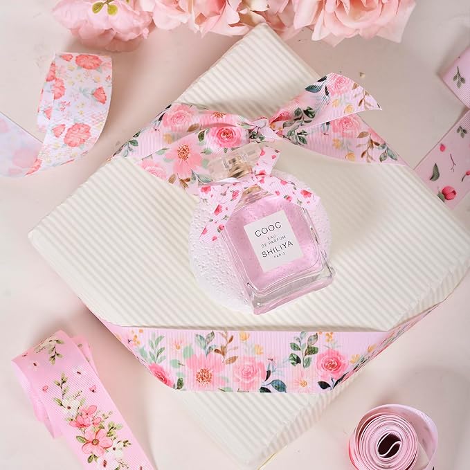 Floral Grosgrain Ribbon, 5 Rolls Flower Pattern Ribbon Spring Summer Fabric Decorative Craft Ribbon Roll for Gift Wrapping Decor Hair Bow Sewing Wreath Crafts (Pink Floral, 1-1/2Inch X 20Yards)