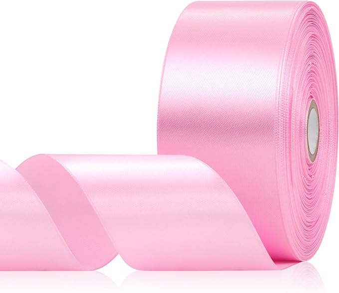 Pink Satin Ribbon 2 Inch 60 Yards, Solid Polyester Fabric Ribbon for Flower Bouquet, Hair, Crafts, Gift Wrapping, Birthday Party, Handmade Roses, Wedding and Festival